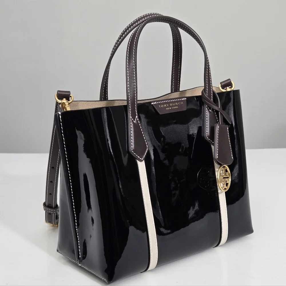 EXCELLENT TORY BURCH PERRY PATENT SMALL TRIPLE COMPARTMENT TOTE BAG - BLACK